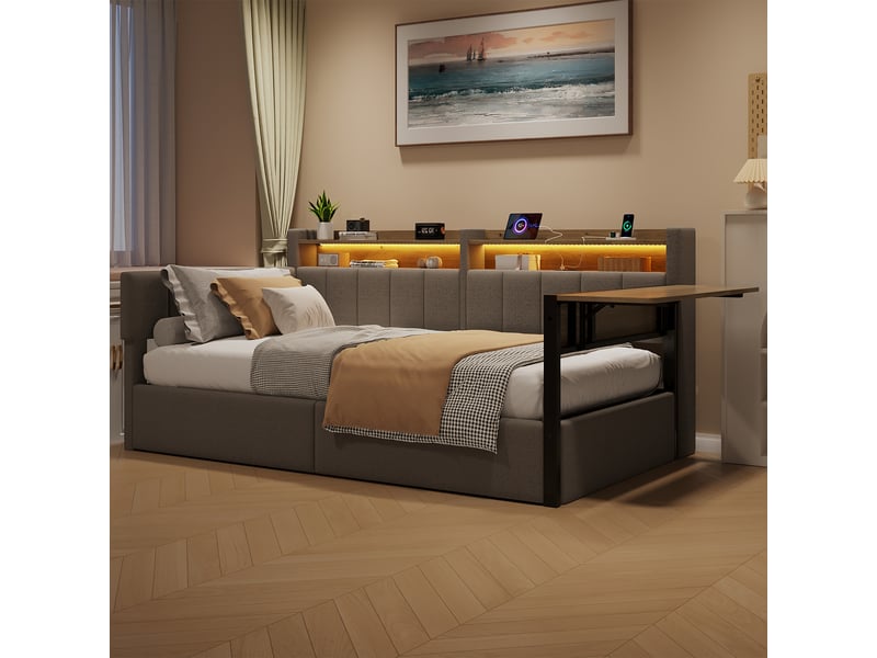  Lit coffre banquette 90x200 cm, lit hydraulique rembourré, table rabattable, tête de lit rangement, led, usb-c, velours (sans matelas), gris CozyNest - Conforama D