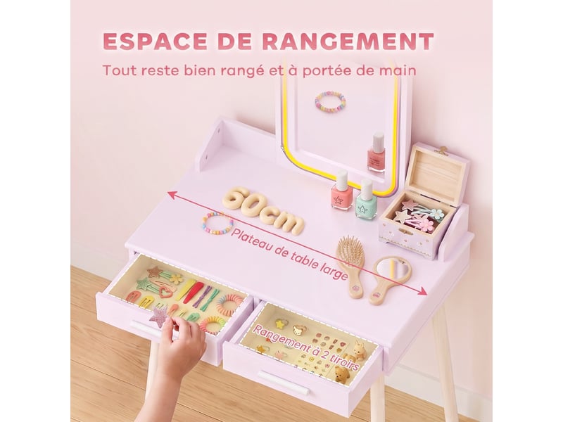  Coiffeuse enfant avec miroir led et 2 tiroirs en mdf et pin rose 60 x 36 x 100 cm  - Conforama E