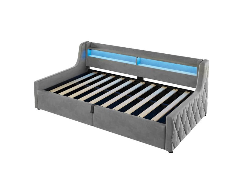  Lit coffre gris 90x200 cm en velours avec relevage hydraulique, tête de lit à led multicolores et rangement sous sommier  - Conforama A