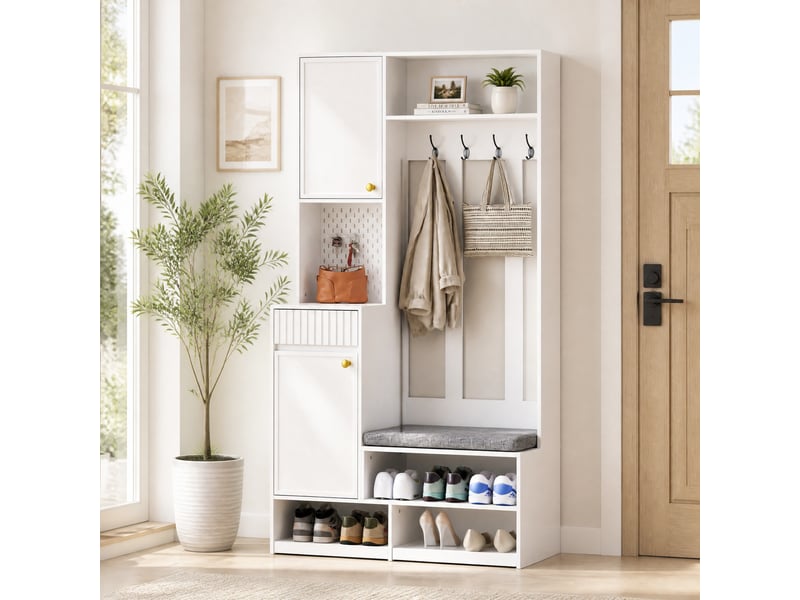  Meuble d'entrée avec banc rembourré, 4 crochets, armoire, 2 tiroirs et niches pour entrée en mdf blanc, 100 × 35 × 180 cm  - Conforama B