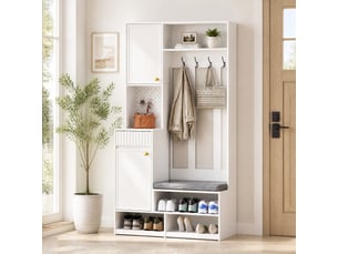 Meuble d'entrée avec banc rembourré, 4 crochets, armoire, 2 tiroirs et niches pour entrée en mdf blanc, 100 × 35 × 180 cm