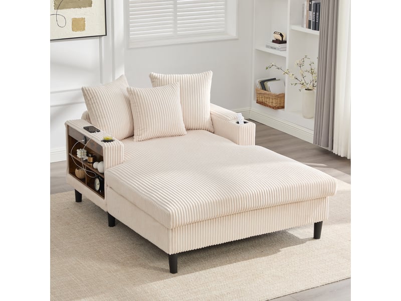  Méridienne en velours côtelé beige 129x170x70 cm avec led, usb, rangement et porte-gobelets 129x170x70cm - Conforama B