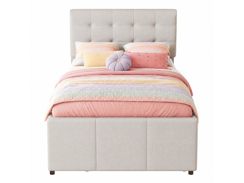  Lit 1 place avec lit gigogne, 3 tiroirs et tête de lit réglable 90 x 200 cm beige  - Conforama A