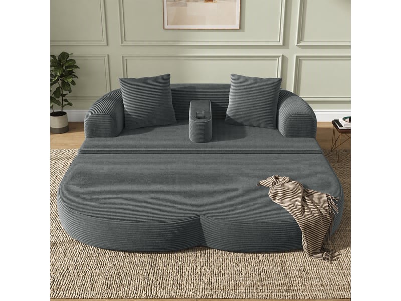 Canapé de sol pliable 2 places, 184x176x47 cm, canapé lounge 2-en-1 sans montage, accoudoir amovible avec porte-gobelet, velours côtelé gris - Conforama E