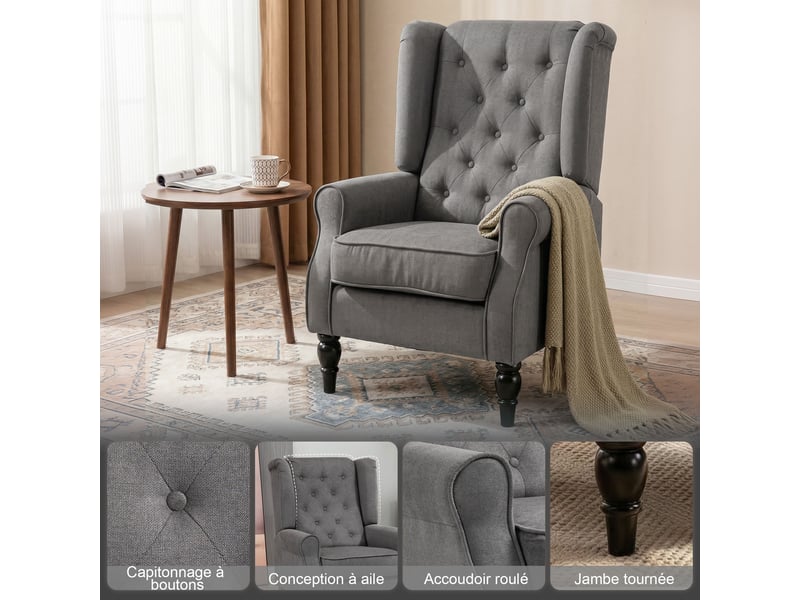  Fauteuil de salon, fauteuil d'appoint mi-siècle moderne en velours avec dossier haut capitonné à oreilles, gris  - Conforama D