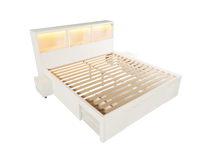  Lit double 140x190 cm blanc en bois avec rangement, led, ports usb et deux tables de nuit mobiles pratiques  - Conforama D