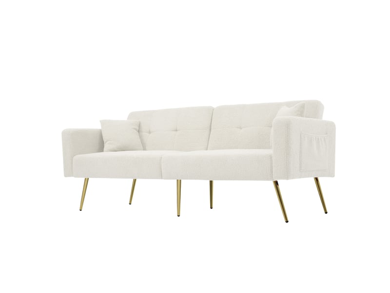  Canapé droit convertible 2 places 175 cm blanc en sherpa, dossier 3 positions, poches latérales et pieds dorés Fay Lum - Conforama D