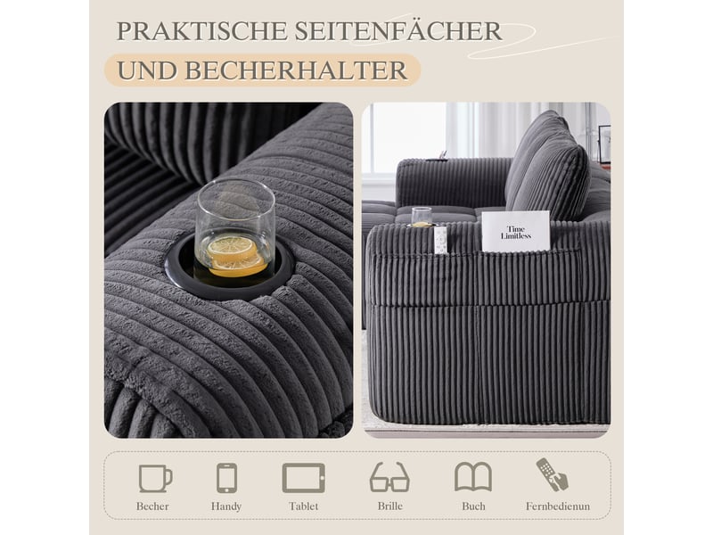 Canapé 4 places droit en velours côtelé gris foncé, largeur 253 cm, porte-gobelet intégré W2845S00248 - Conforama E