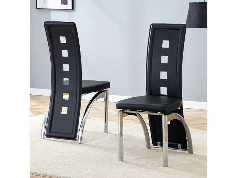  Lot de 2 chaises salle à manger design européen pu noir, dossier perforé, pieds métal argenté, 102,5 cm  - Conforama B