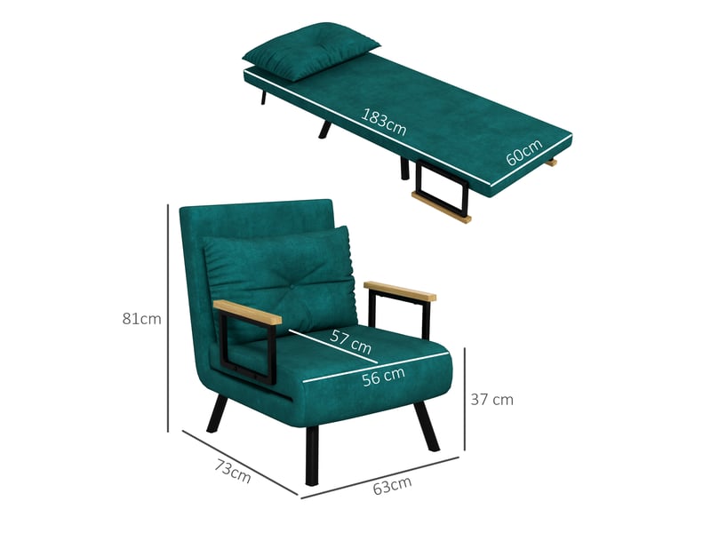 Fauteuil convertible 1 place fauteuil-lit chauffeuse 3 en 1, tissu aspect velours, 63x73x81cm, vert - Conforama E