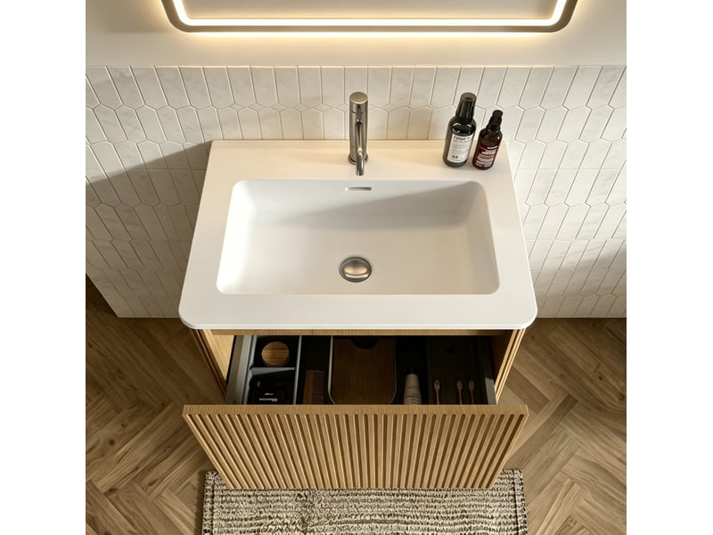 Meuble sous vasque suspendu avec 1 tiroir et miroir led antibuée réglable pour salle de bain, effet chêne clair - Conforama E