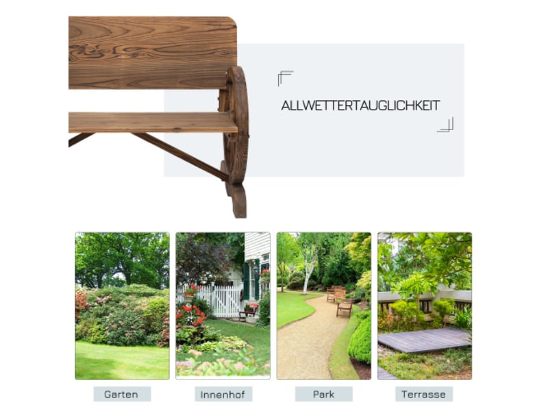  Banc de jardin 2 places en bois massif, accoudoirs, roues décoratives, 250 kg, 114x58x80 cm, marron  - Conforama E
