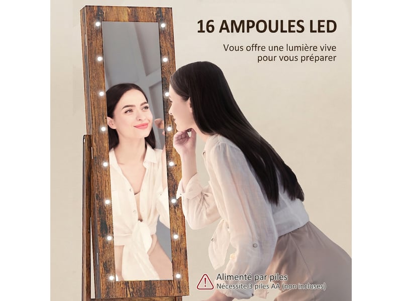  Armoire à bijoux armoire de rangement sur pieds boîte à bijoux avec miroir multi-rangements éclairage led brun rustique  - Conforama E