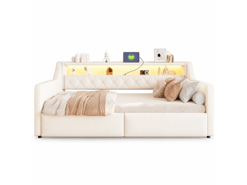  Lit banquette coffre 90x200cm avec rangement hydraulique,led,lit de jour avec usb et type-c et étagère,lin et mdf,beige  - Conforama A