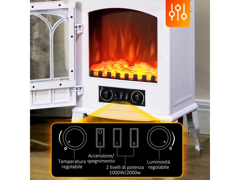  Cheminée électrique sur pied, puissance 1000 w 2000 w, effet flamme réglable, 39 x 23 x 56,5 cm, blanche  - Conforama E