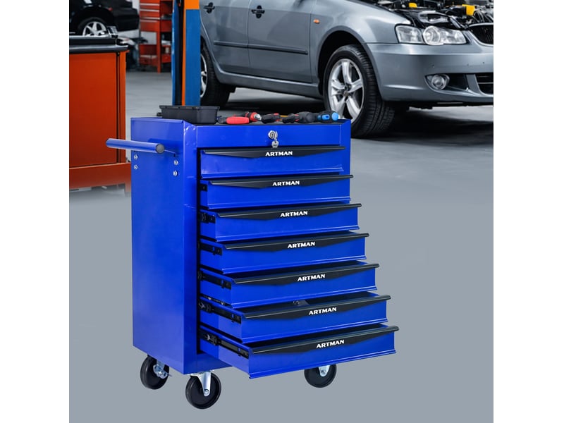 Armoire à outils mobile 60 x 33 x 77,5 cm noir et bleu en acier, 7 tiroirs à serrure, roulettes freinées - Conforama B