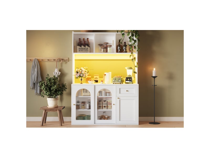  Buffet haut blanc 120 x 40 x 180 cm, vitrine + led + étagères réglables – rangement  - Conforama W