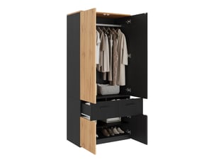 Armoire 2 portes 90 x 50 x 200 cm – noir et naturel – penderie, 2 tiroirs et étagères de rangement