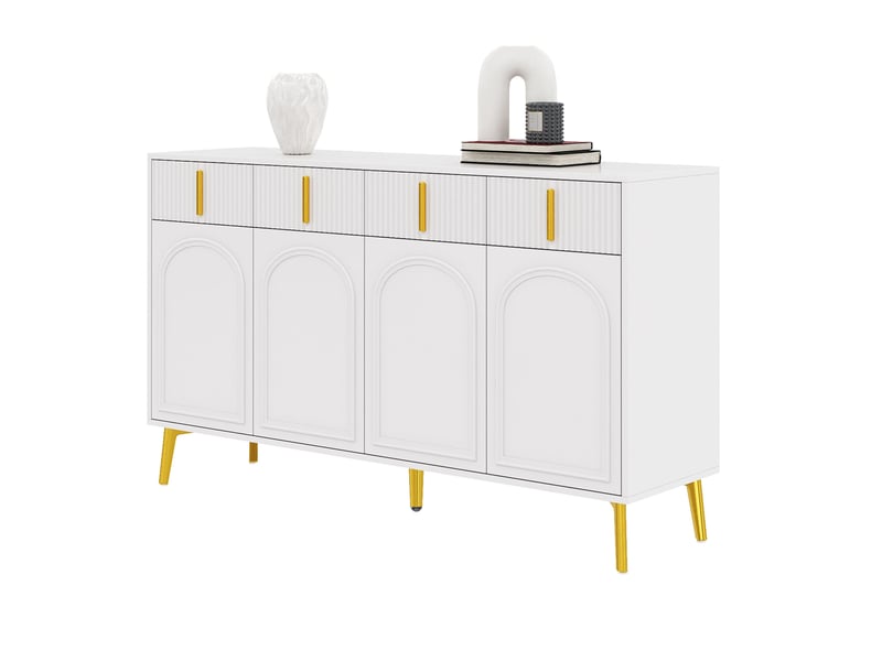  Buffet modenvie 4 portes 4 tiroirs 140 x 38 x 82 cm mdf blanc poignées et pieds dorés  - Conforama A