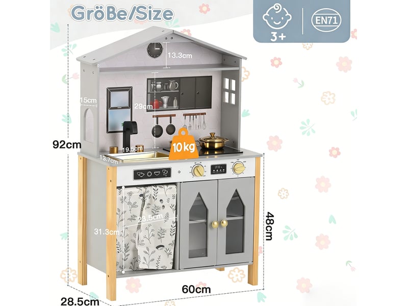  Cuisine enfant 60x28.5x92 cm avec accessoires et rangement en mdf grise  - Conforama C
