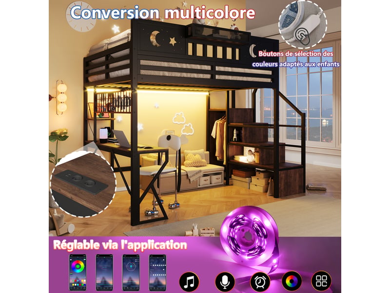  Lit mezzanine enfant 140x200cm avec bureau, panneau perforé pegboard, étagères, led, prises usb et pieds en k, métal noir evarich - Conforama D