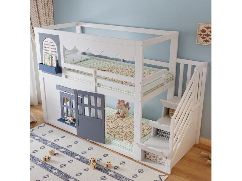  Lit enfant mi-hauteur 90x200 cm maison blanc et bleu, escalier de rangement, porte, fenêtres ouvrantes, sans matelas  - Conforama E
