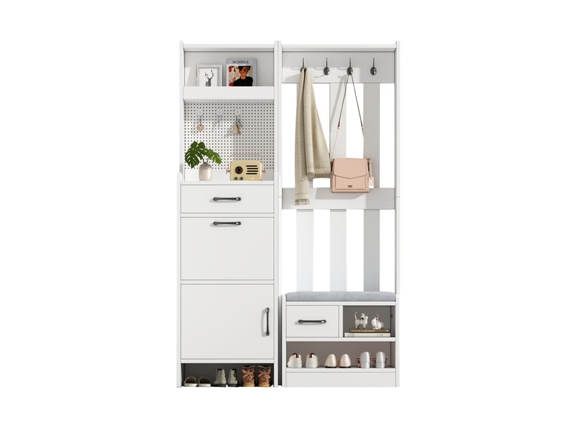 Meuble d’entrée 7 en 1 blanc, vestiaire avec banc rembourré, 7 patères et rangement chaussures, 110 x 35 x 175,5 cm - Conforama A