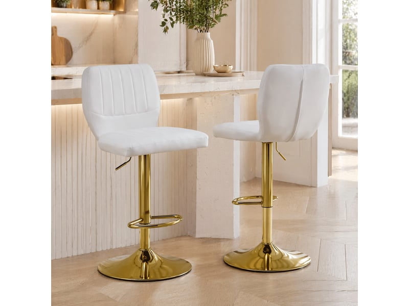  Tabouret de bar pivotant réglable en hauteur avec dossier et repose-pieds, en pu blanc et doré  - Conforama C