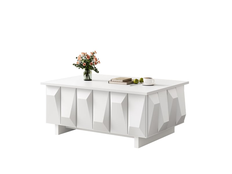  Table basse 95x67 cm blanche en panneau de particules, 3 portes à façades 3d et rangement pour salon  - Conforama A