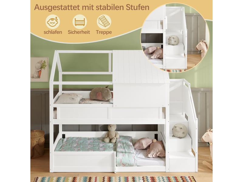  Lit superposé enfant 80 × 200 cm 2 places avec barrières et escalier, sans matelas, en bois massif, blanc  - Conforama C