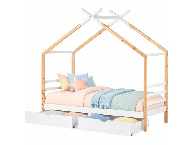  Lit cabane enfant 90x200 cm avec tiroirs, sommier, pin et mdf, blanc et bois  - Conforama A
