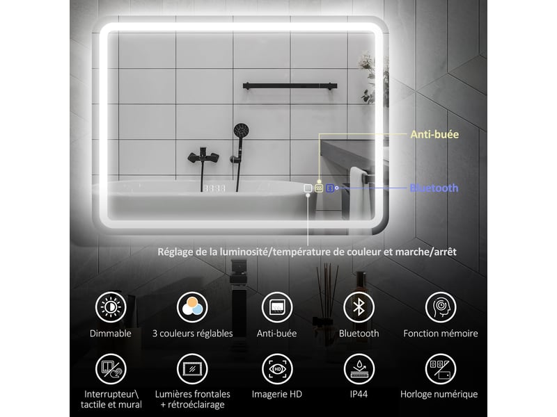  Miroir salle de bain bluetooth avec éclairage led 60 x 80 cm, miroir lumineux mural avec horloge, antibuée, argenté  - Conforama D