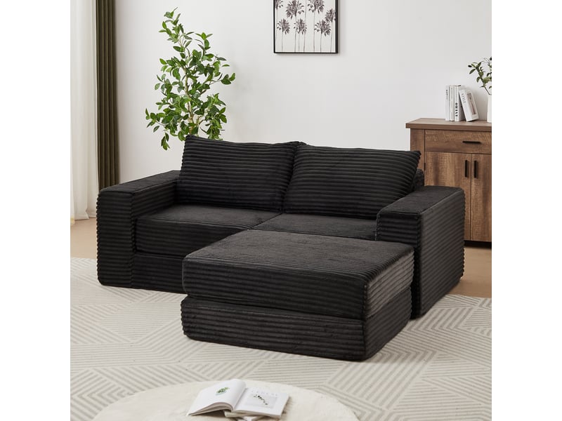  Canapé convertible 2 places en velours côtelé avec repose-pieds amovible, design modulable, coussins inclus et fonction lit - noir  - Conforama B
