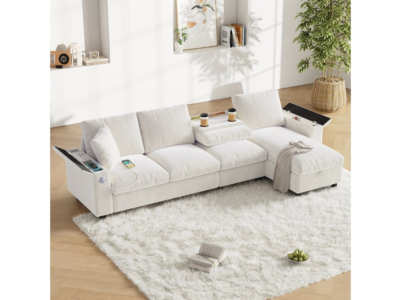  Canapé d'angle convertible réversible 4 places, chenille beige, 280x137x84 cm, avec rangement, porte-boissons, port usb et type-c  - Conforama E