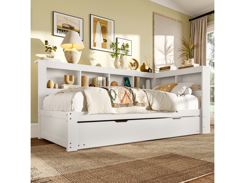  Lit gigogne 90x200 cm en bois de pin avec lit d’appoint coulissant, connexion usb - blanc  - Conforama C