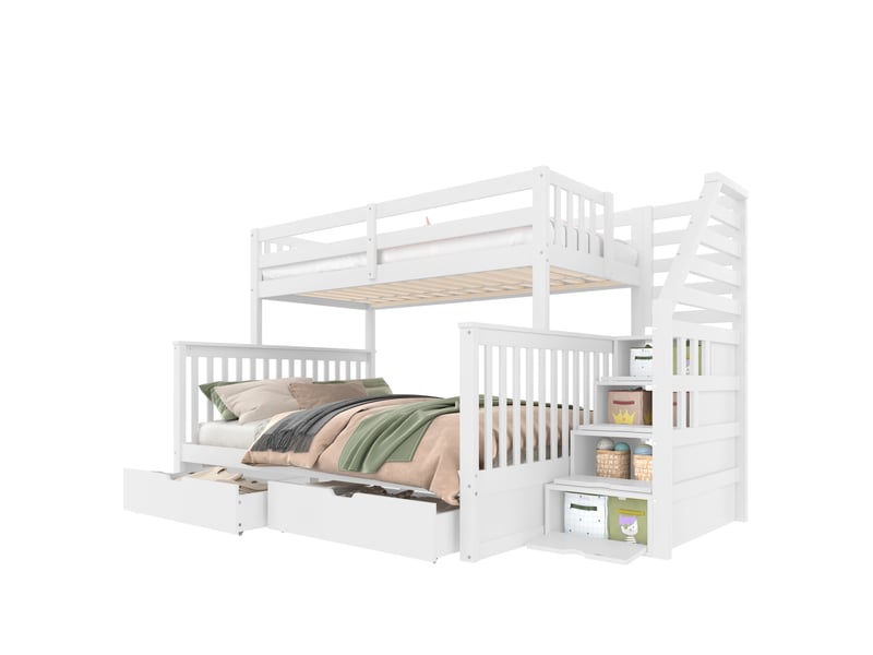  Lit superposé, 90x200 cm et 140x200 cm, avec tiroirs, solution de rangement, matelas non inclus, bois, coloris blanc  - Conforama A