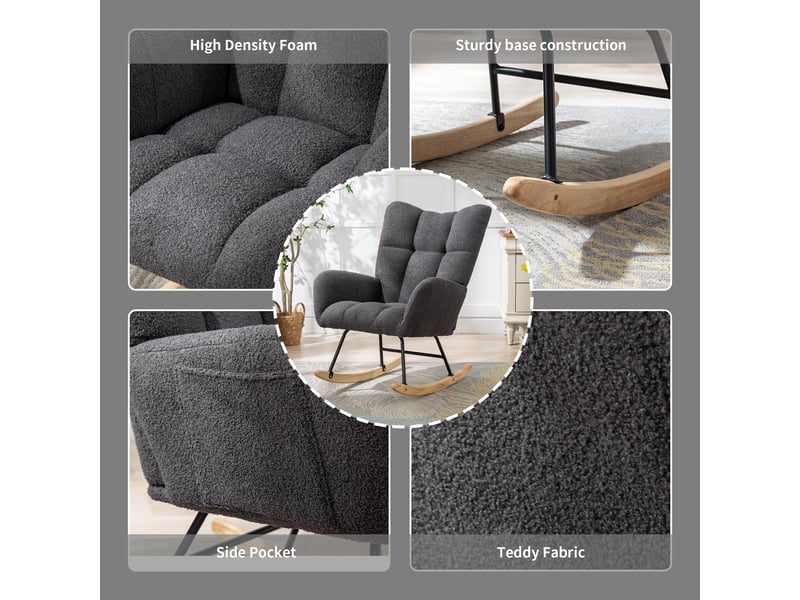 Fauteuil à bascule ergonomique avec dossier enveloppant et poche latérale, en tissu bouclette gris - Conforama E