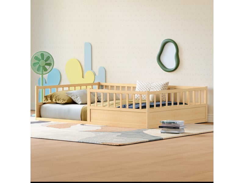 Lit enfant 140x200 cm-lit au sol 140x200 cm - avec barrières de sécurité et sommier à lattes- bois de pin- naturel - Conforama E