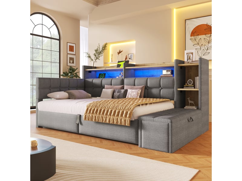  Canapé-lit 90x200 cm, lit enfant, couchage d'appoint, rangement hydraulique, led, velours gris foncé, usb et usb-c  - Conforama D