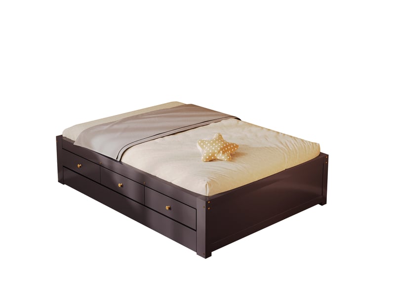  Lit gigogne 90 × 200 cm avec 3 tiroirs de rangement et lit d'appoint coulissant en mdf et bois de pin brun café  - Conforama A