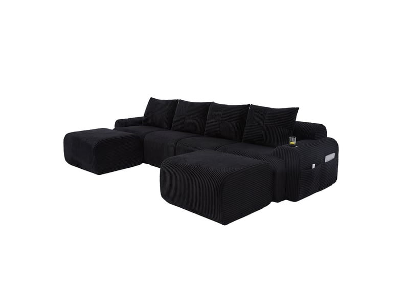  Canapé modulable 4 places 333x174x80 cm, velours côtelé noir, porte-gobelet incorporé, poche latérale, assise large  - Conforama A