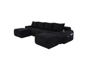 Canapé modulable 4 places 333x174x80 cm, velours côtelé noir, porte-gobelet incorporé, poche latérale, assise large