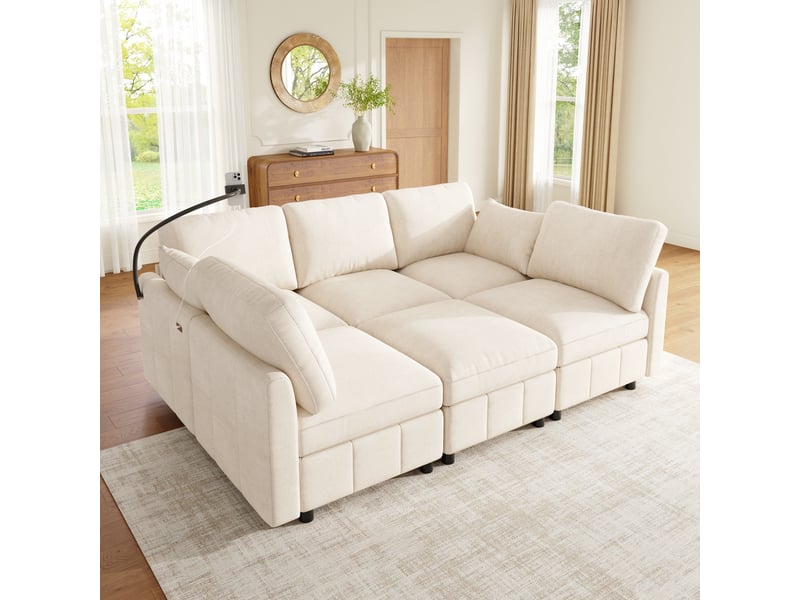  Canapé convertible 218x157x85 cm - usb et usb-c - 6 places - pivotant à 360° - coussins inclus - chenille - assise confortable - noyer CozyNest - Conforama B