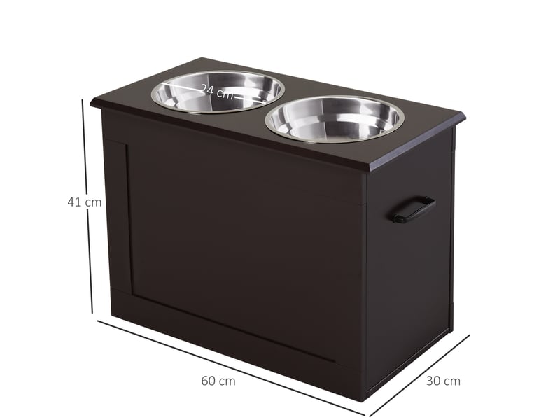  Station repas animaux 60x30x41 cm – marron – 2 bols en acier inoxydable, rangement dissimulé pratique  - Conforama C