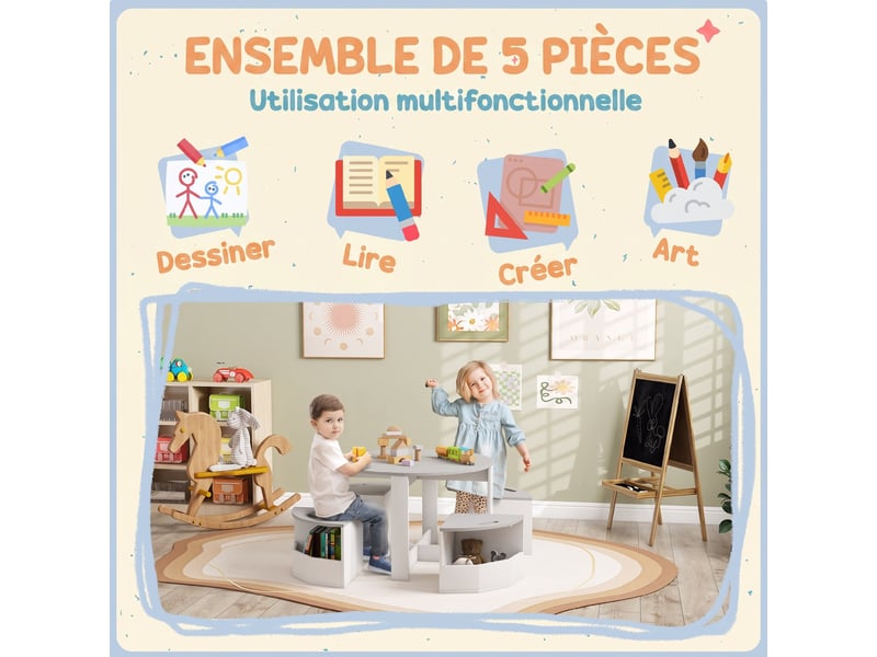 Table enfant avec 4 chaises 5 pièces avec rangement, cadeau pour fille garçon 3-8 ans, ø 78 x 49 cm, gris - Conforama D