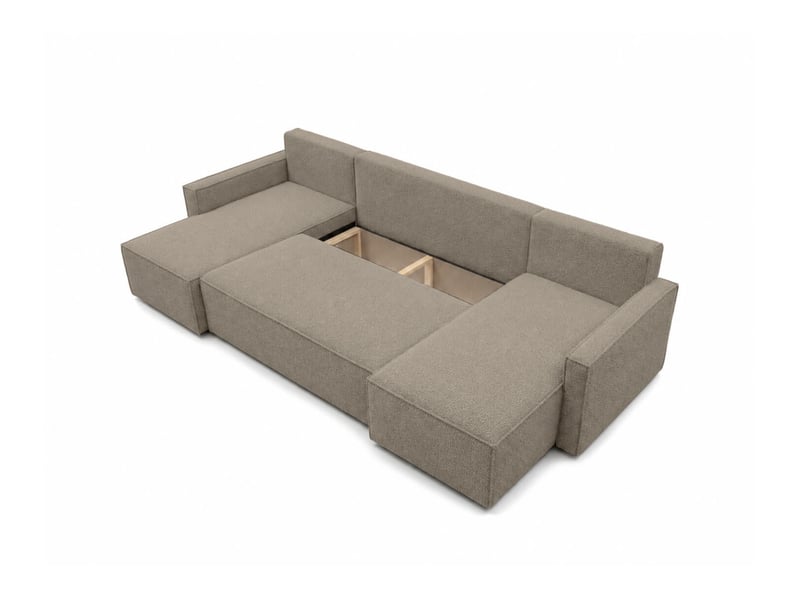 Farah - canapé d'angle panoramique convertible 6 places accoudoirs slim en tissu bouclettes texturées - Conforama D
