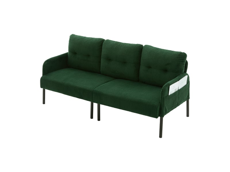 Canapé 3 places 171 x 72 x 80 cm, assise rembourrée, dossier haut, poches latérales, pieds en métal, velours côtelé, vert Seren Glow - Conforama A