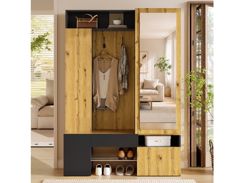  Meubles d'entrée avec miroir, penderie, porte-manteaux et rangement chaussures en mdf noir naturel 127 × 35 × 180,5 cm  - Conforama D