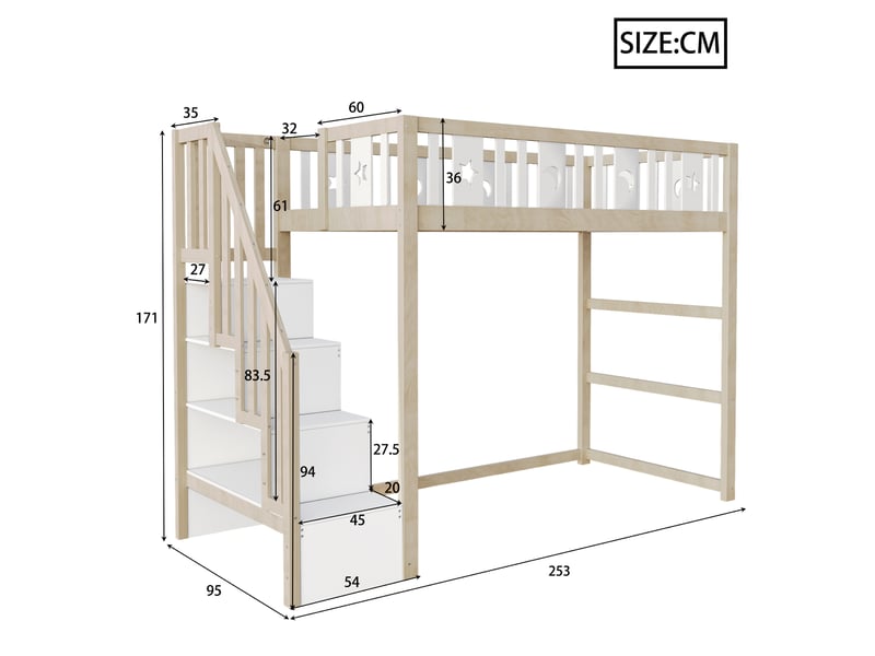  Lit mezzanine 90x200 en bois massif avec échelle, rangements et barrière de sécurité  - Conforama C