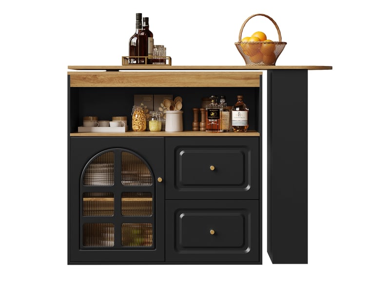  Buffet pivotant 360° noir, 138-204x39x104 cm, rangements, porte vitrée courbée - meuble salon  - Conforama D